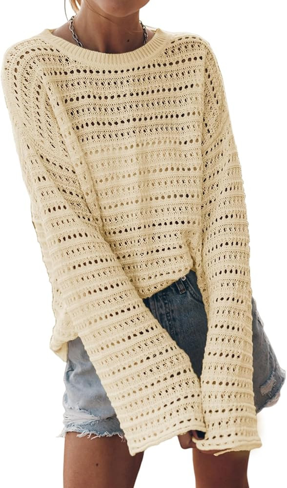 Sidefeel Womens Fall Sweaters 2025 Lightweight Casual Long Sleeve Crochet Hollow Out Knit Pullove... | Amazon (US)