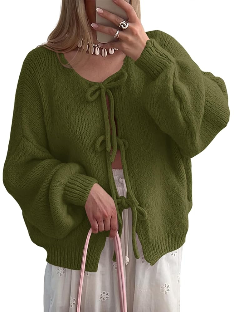 Saodimallsu Womens Tie Front Cardigan Sweaters Cute Bow Puff Long Sleeve 2025 Fall Loose Ribbed K... | Amazon (US)