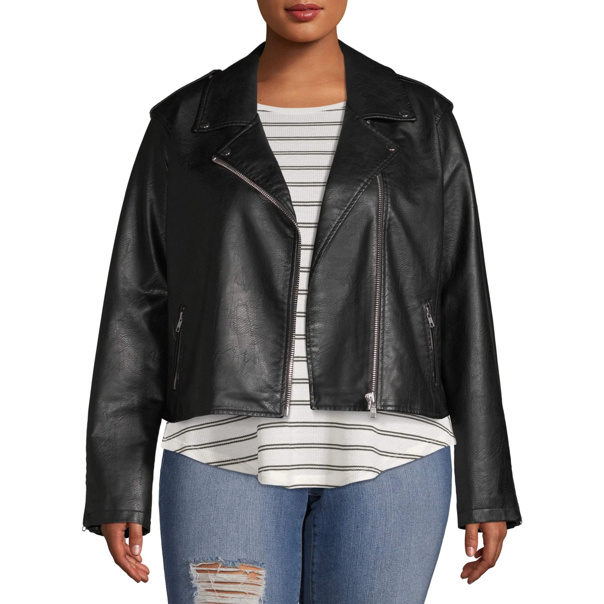 No Boundaries Juniors' Plus Size Vegan Leather Moto Jacket | Walmart (US)