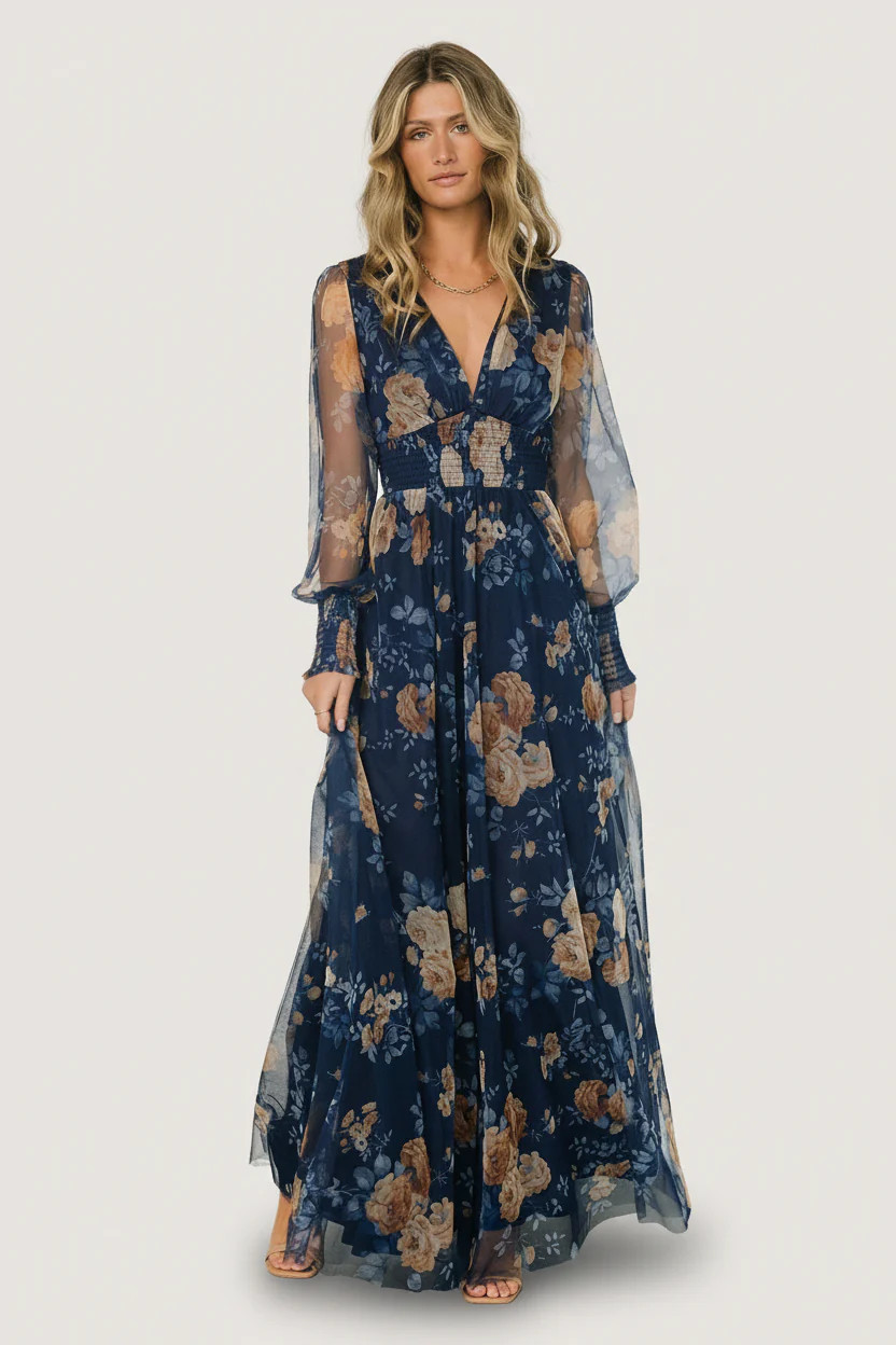 Layla Tulle Maxi Dress - Blue & Golden Floral | Baltic Born | Baltic Born