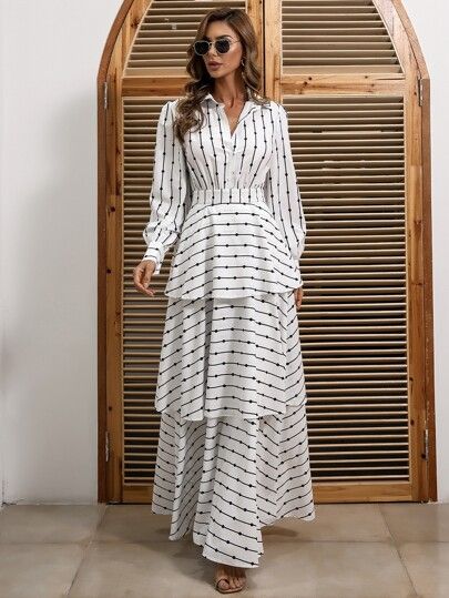 Missord Button Front Layered Hem Striped Print Dress | SHEIN