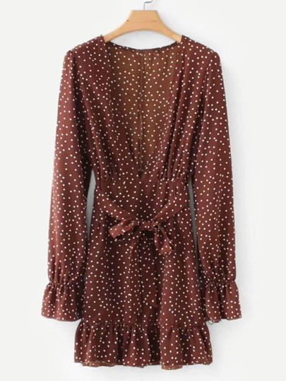 Ruffle Hem Polka Dot Plunging Dress | SHEIN
