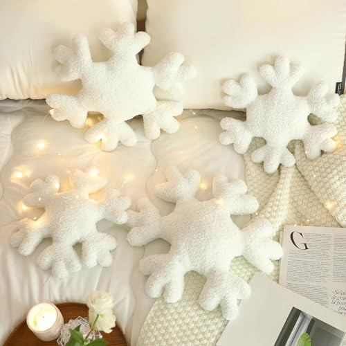 Huwena 4 Pcs Winter Snowflake Pillows Decorative Snowflake Shaped Throw Pillows Pillow White Plush Cute Pillow for Winter Couch Sofa Bed Decoration (11.81 Inch,15.75 Inch) | Amazon (US)