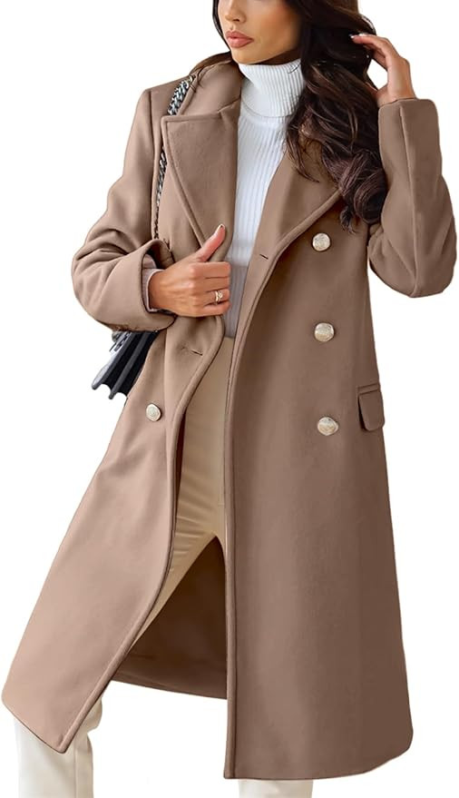 chouyatou Women's Winter Lapel Double Breasted Office Work Long Wool Pea Coat Overcoat | Amazon (US)