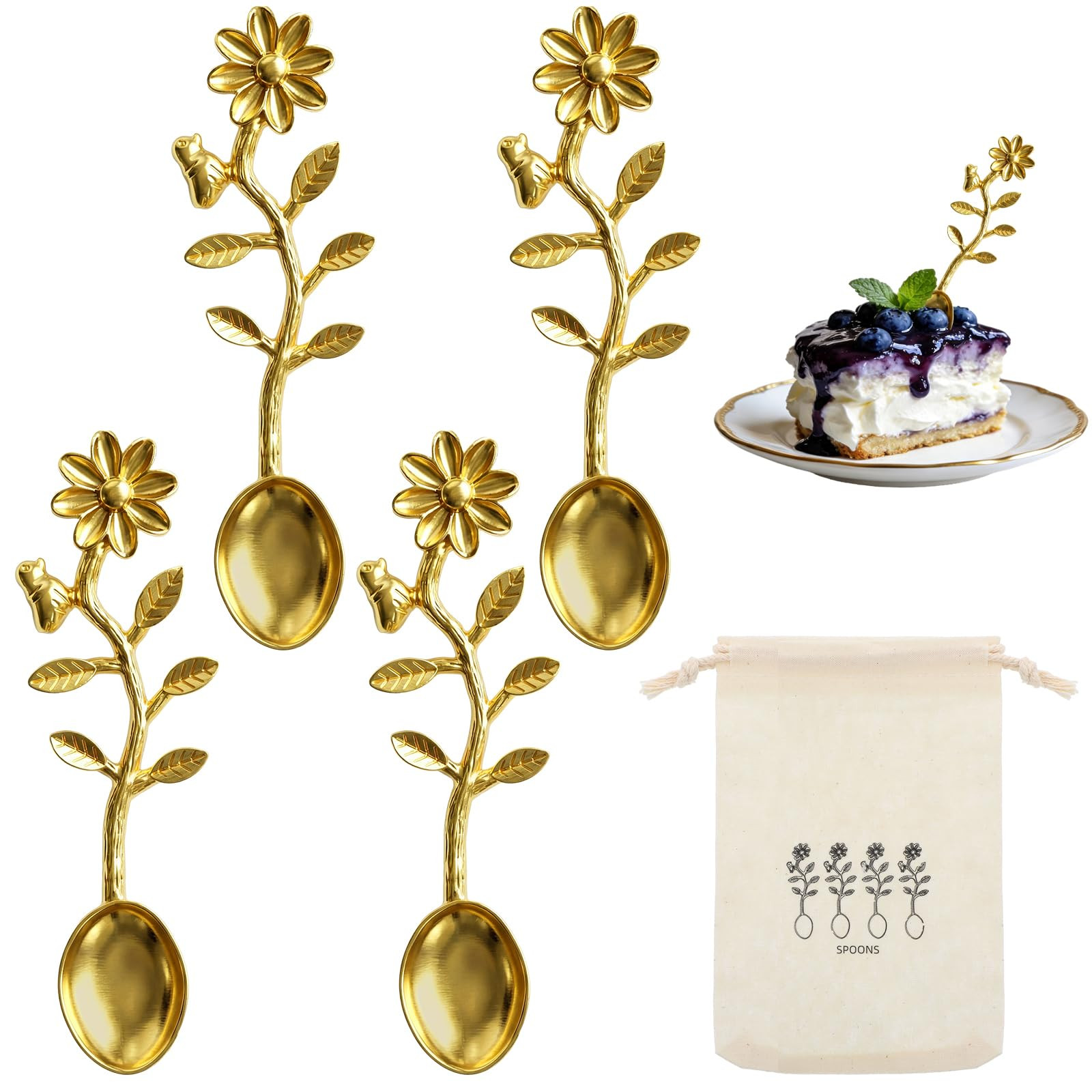 4 Pcs Gold Brass Spoons Cute Handles Small Sugar Spoons with Drawstring Bag Farmhouse Vintage Bra... | Amazon (US)