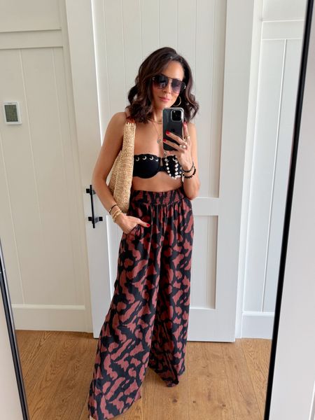 Loved styling these wide leg pants as pool cover up pants 🤎🖤 Comfortable and chic and easy to pull on when time for lunch!  And I love this swimsuit, great bum coverage, comes with straps if you want more support and now also in white, chic!  
TTS 

#LTKFindsUnder100 #LTKSwim #LTKOver40