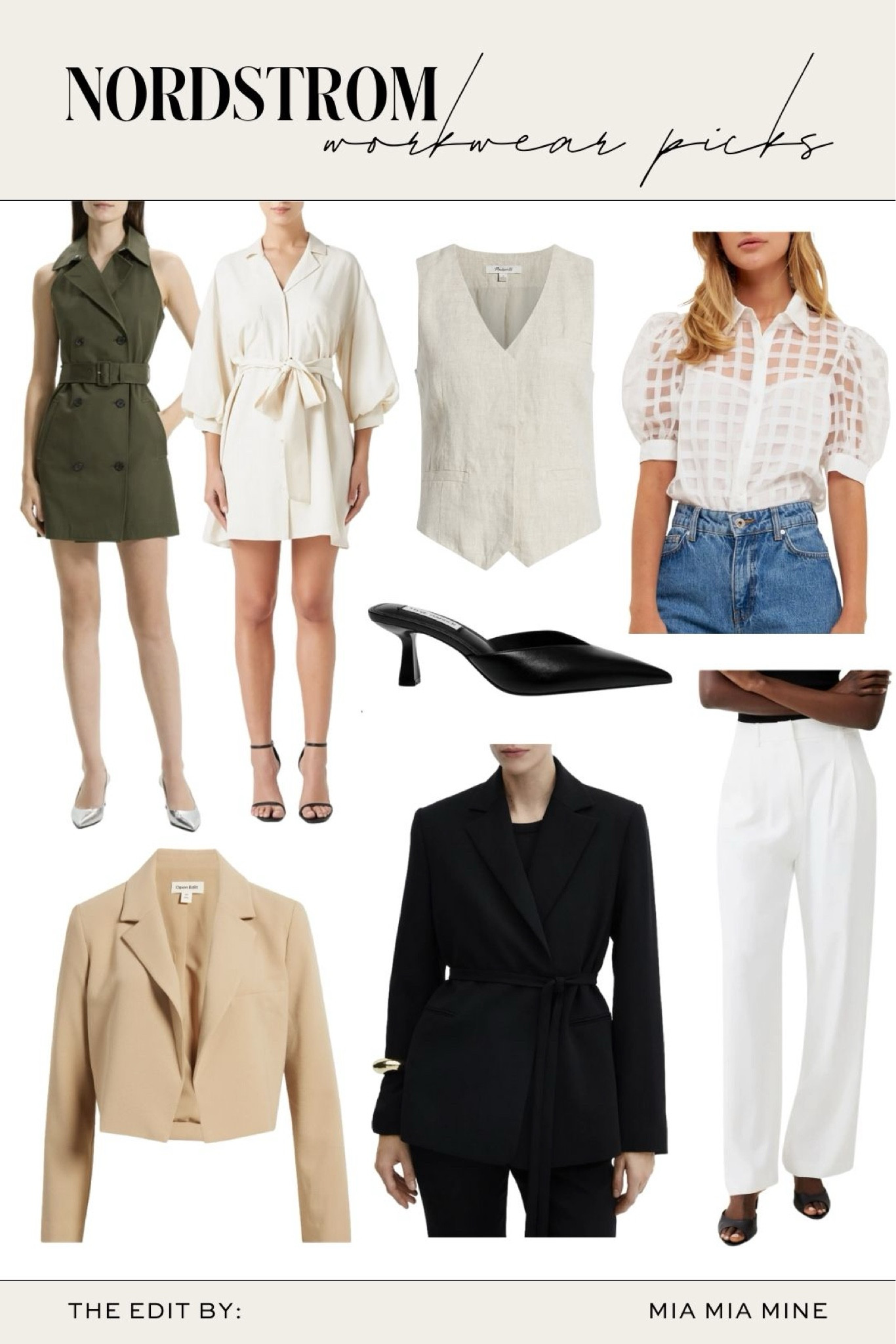 Nordstrom new spring and summer outfits
Nordstrom work outfits
Mango blazer
Cropped blazer
White trousers
Kitten heel mules 
Linen vest
Trench dress



#LTKfindsunder100 #LTKstyletip #LTKworkwear
