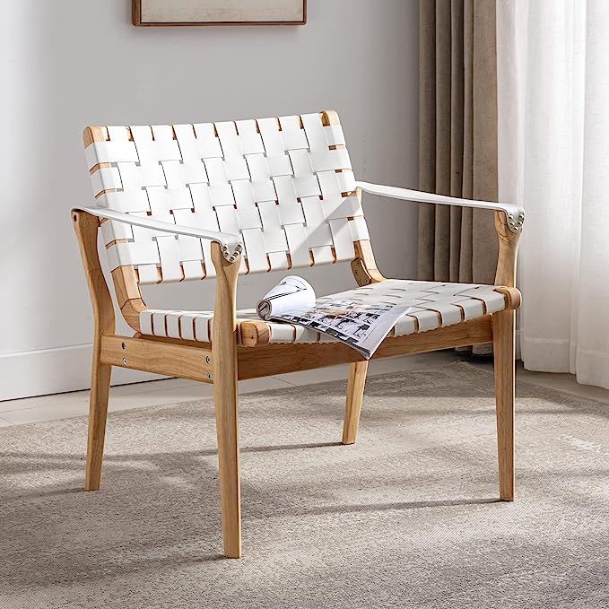 Soohow Low Scandinavian Cognac Woven Leather Chair, Boho All Wood Oak Side Chair Midcentury Moder... | Amazon (US)