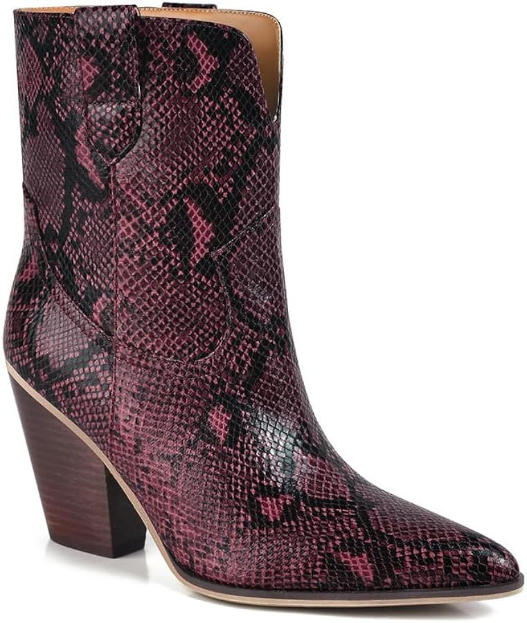 Snakeskin Ankle Boots for Women Pointed Toe Snake Booties Chunky Block Heel Pull on Snake Skin Fa... | Amazon (US)