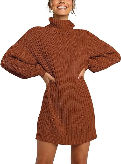 Machico Women Turtleneck Long Lantern Sleeve Casual Loose Oversized Sweater Dress Soft Winter Pul... | Amazon (US)