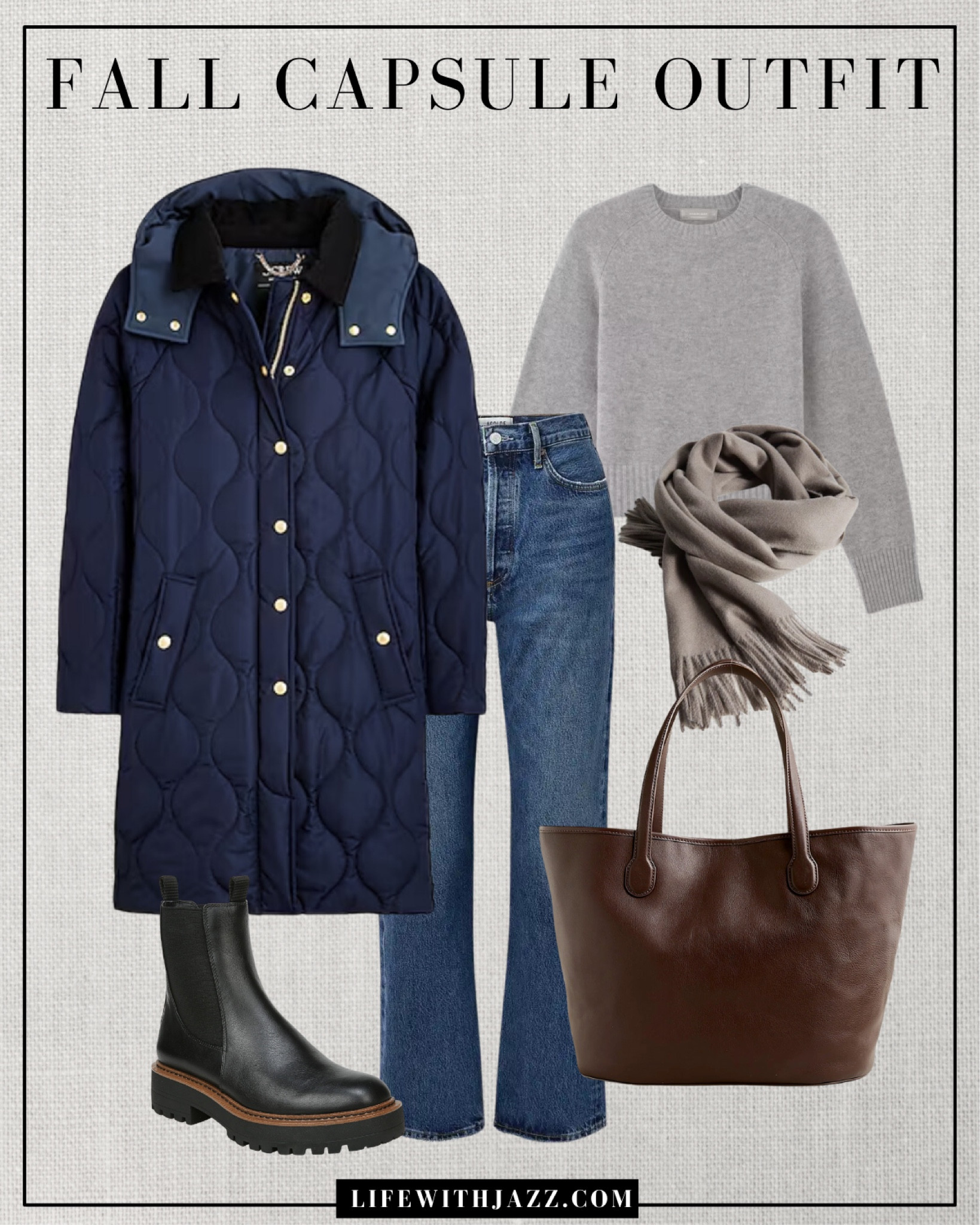 Fall capsule outfit 

Navy waterproof puffer coat / gray cashmere sweater / blue ankle jeans / waterproof boots / leather tote bag / gray scarf / fall style / fall fashion / fc24 

#LTKStyleTip #LTKSeasonal