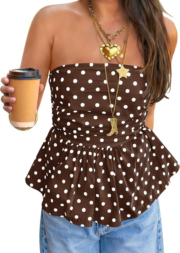 Tankaneo Womens Strapless Polka Dot Tube Tops Cute Backless Peplumn Ruffle Hem Bandeau Top Slim F... | Amazon (US)