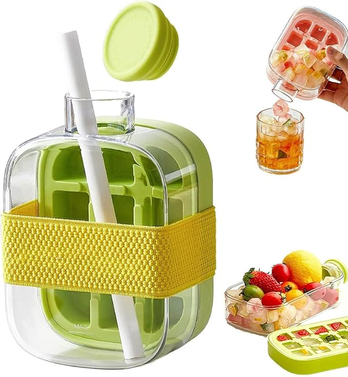 2026 Upgrade 2 in 1 Ice Cube Bottle with Straw,Portable Ice Cube Tray Built in Ice Mold Cup,Press... | Amazon (US)