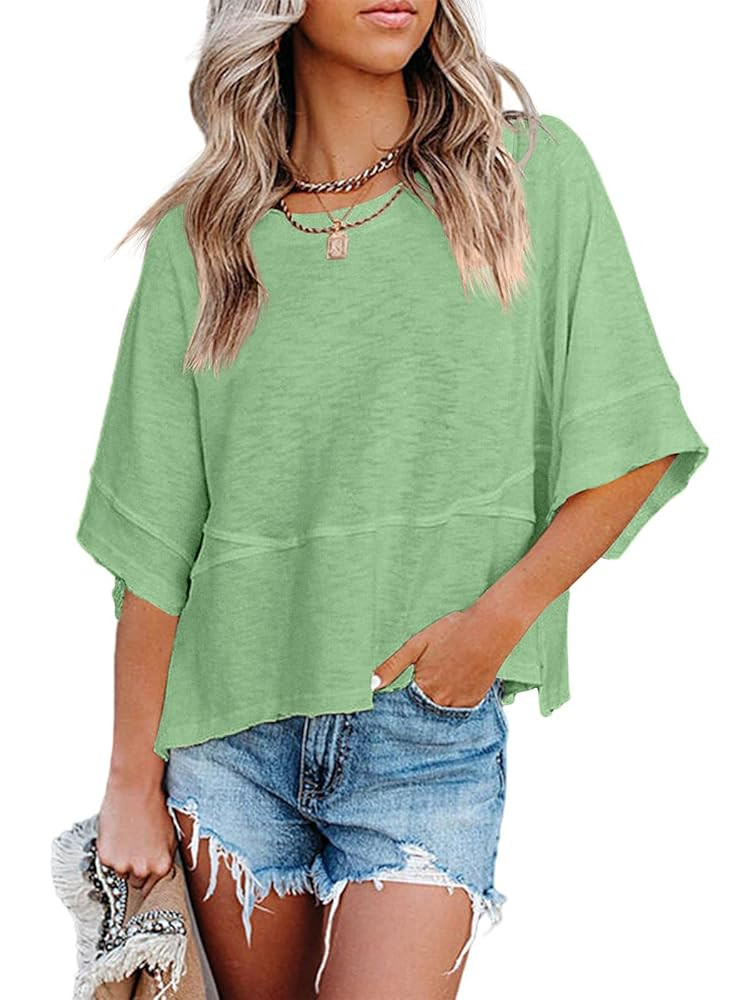 Women's Summer Casual Crewneck Batwing Half Sleeve T-Shirts Solid Color Loose Fit Cute Basic Flow... | Amazon (US)