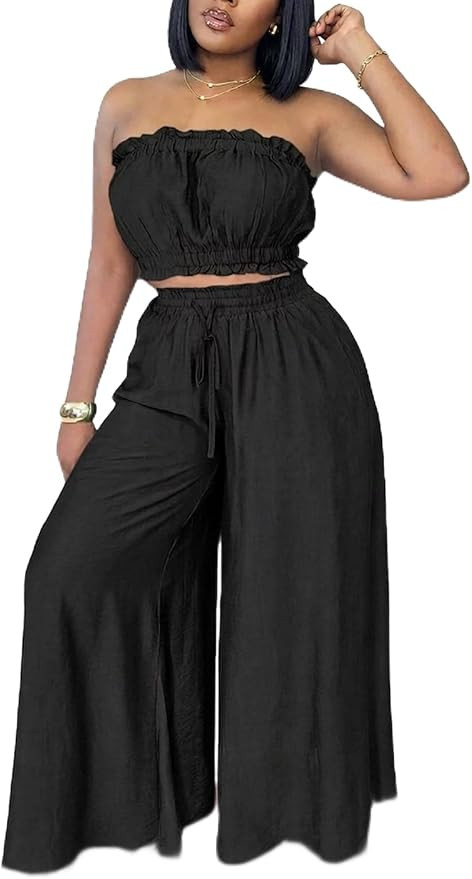 Womens Two Piece Sets Summer Outfits Sleeveless Crop Tops and Wide Leg Baggy Pants Beach Vacation... | Amazon (US)