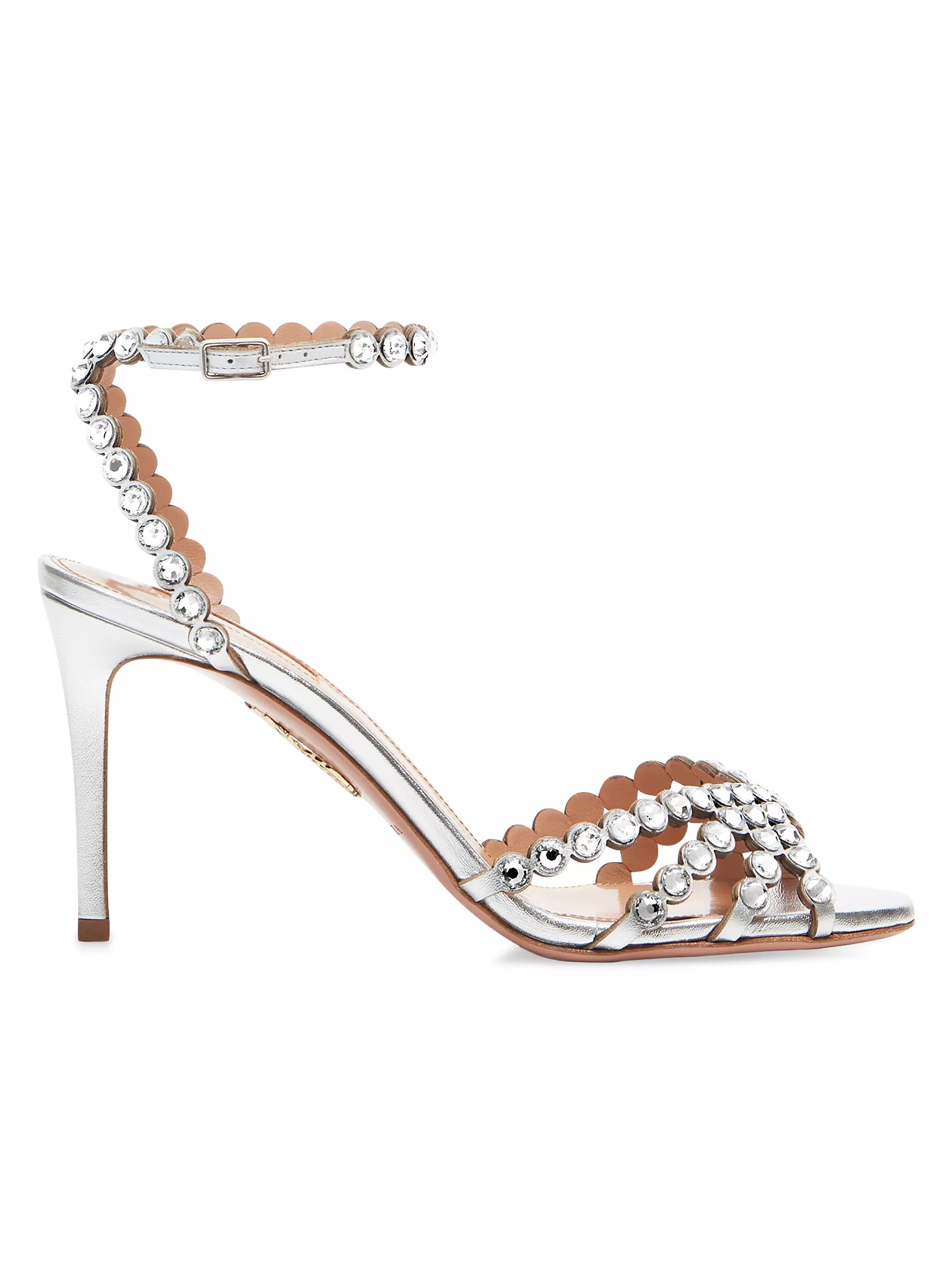 Shop Aquazzura Tequila 85MM Embellished Metallic Leather Sandals | Saks Fifth Avenue | Saks Fifth Avenue