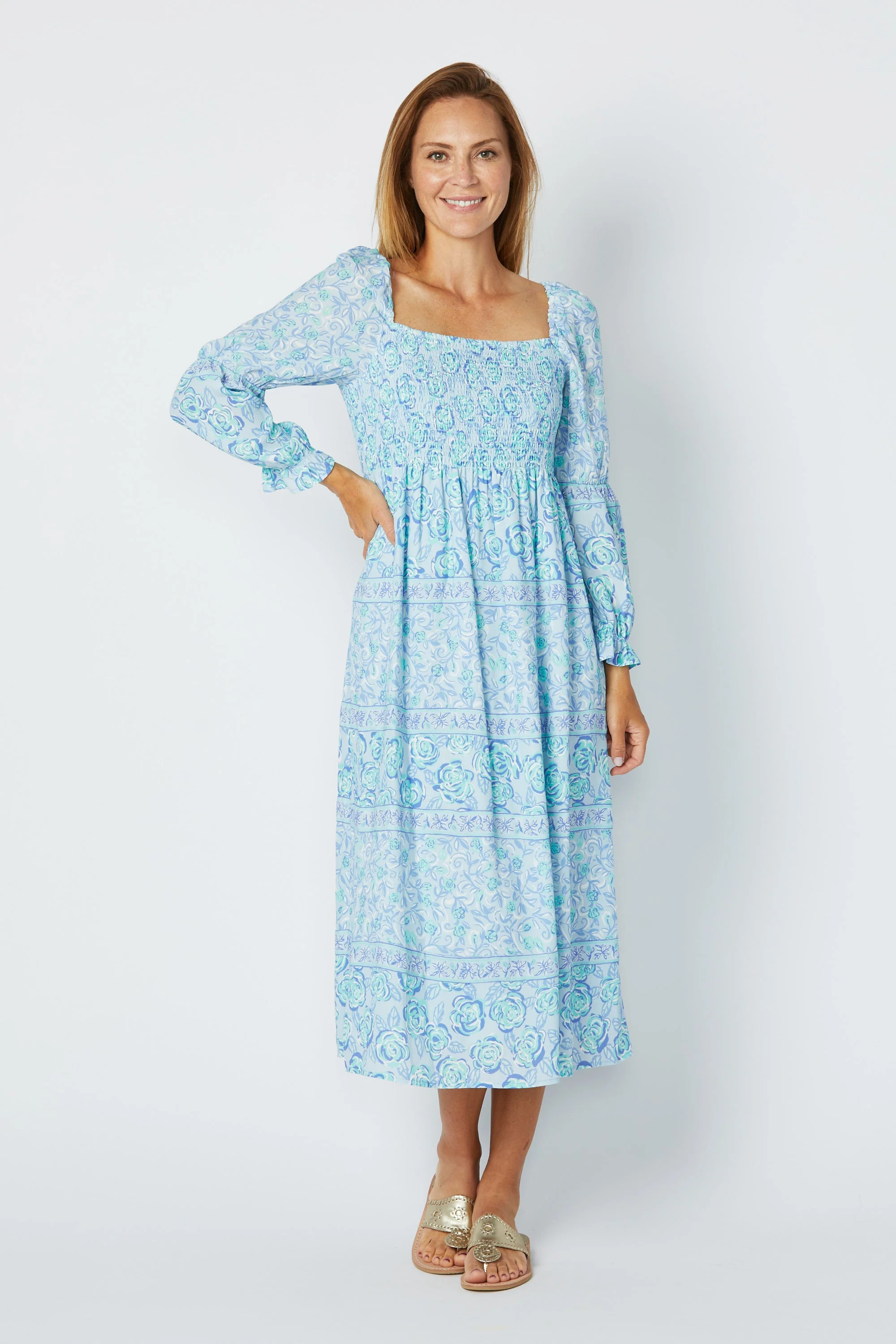 Blue Multi Square Neck Midi Dress | Sail to Sable