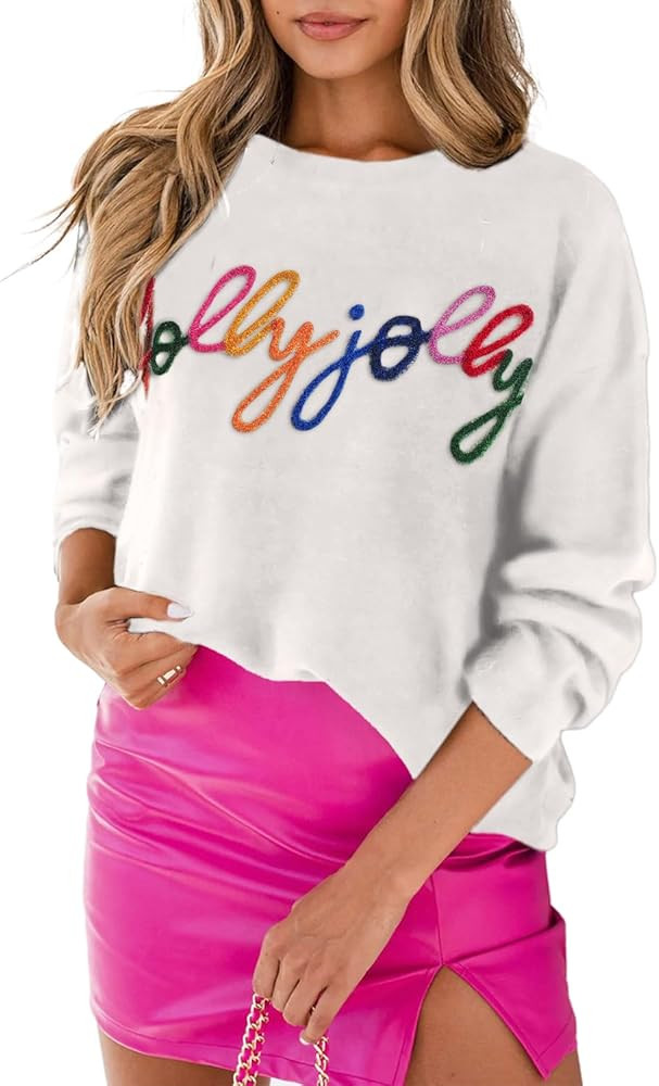 LEMAFER Women 2024 Merry Christmas Round Neck Sequin Letters Sweater Casual Solid Slogan Long Sle... | Amazon (US)