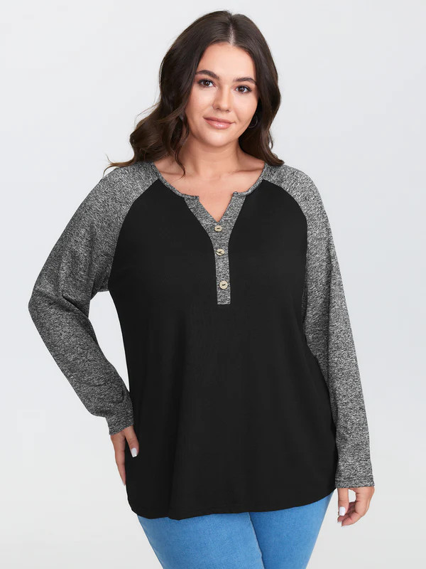 Heather Patchwork Button Detail Stretchy T-Shirt | Bloomchic