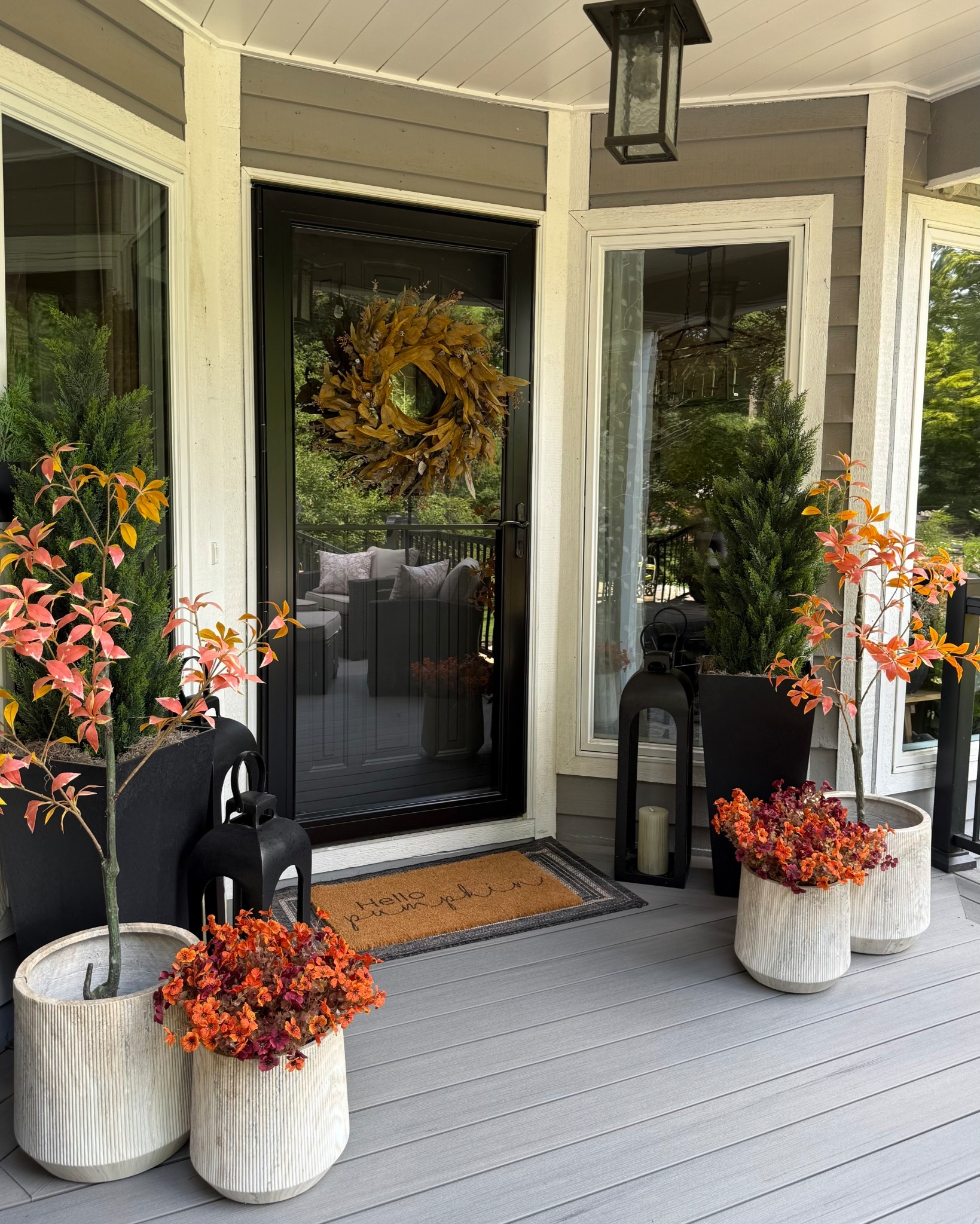 Cozy Fall Porch Styling 🍂

Follow @farmtotablecreations on Instagram for more cozy home inspiration.

My fall porch has two cozy zones this year! By the chairs, I styled a comfy seating set layered with warm-toned pillows and added a stylish solar lamp that gives off the perfect glow for crisp autumn evenings. By the door, I brought in faux fall flowers, a pair of lanterns for extra warmth, and tall trees to add height and texture.

The look is complete with my best-selling eucalyptus wreath — over 2K sold this month! ✨ — and the cutest Hello Pumpkin doormat to welcome friends and family all season long.

#fallporch #porchdecor #lanterns #eucalyptuswreath #hellopumpkin #solarstyle #outdoorlighting #cozyhome #fallstyling #porchvibes



#LTKFindsUnder50 #LTKSaleAlert #LTKHome