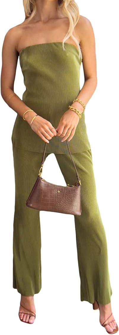 NUFIWI Womens Sexy 2 Piece Pants Set Strapless Off Shoulder Tube Tops Pleated Wide Leg Pants Y2k Suits Summer Outfits | Amazon (US)