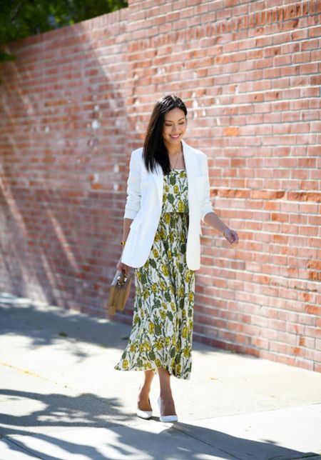 This dress with classic pumps is work appropriate, and with fun heels & big earrings. It’s perfect for a warm-weather summer wedding.

#weddingguest
#greenfloraldress
#summerdresses
#whiteblazer
#summeroutfit

#LTKStyleTip #LTKWedding #LTKSeasonal