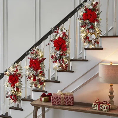1PC Christmas Staircase Wreath, Artificial Prelit Christmas Swag Wreath, Christmas Garland With Bow, Balls For Stairs Home Shopwindow Decoration | Wayfair North America