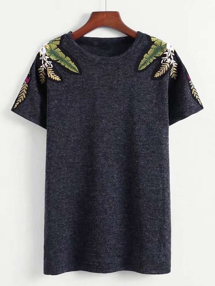 Tropical Embroidered Shoulder Tee | SHEIN