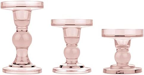 Lewondr Glass Candle Holders, 3 Pieces Crystal Clear Candlesticks with Elegant Design for Pillar ... | Amazon (US)