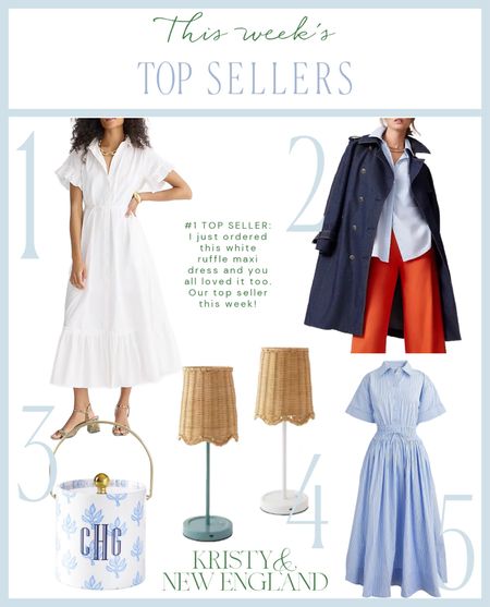 This week’s top sellers: #1 White Ruffle Maxi Dress #2 Denim Trench Coat (now under $100) #3 Monogrammed Blue & White Ice Bucket #4 Wicker Shade Tabletop Lamps (only $56)  #5 Blue Striped Midi Dress

#LTKover40 #LTKfindsunder100 #LTKsalealert