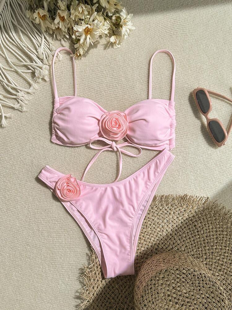 SHEIN Swim Women's Summer Vacation 3D Floral Spaghetti Strap Bikini Set | SHEIN