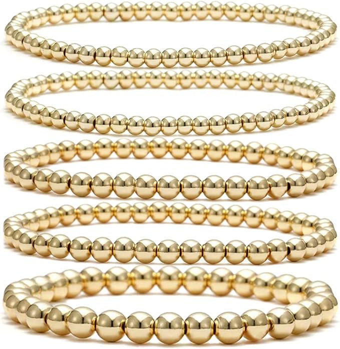 Beaded Bracelet for Women Stack 14 K Real Gold Ball Beads Bracelet Elastic String Friendship Brac... | Amazon (US)