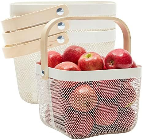 4 Pack Square Metal Mesh Fruit Basket with Wooden Handle for Kitchen, Pantry Storage and Organiza... | Amazon (US)
