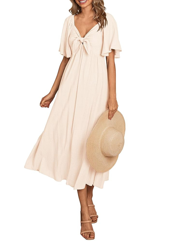 PRETTYGARDEN Summer Dress for Women 2025 Casual Short Sleeve Bow Tie V Neck Ruffle Midi Flowy Dre... | Amazon (US)