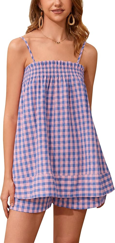 calbatic Women 2 Piece Lounge Set Striped Summer Pajama Set Sleeveless Peplum Cami Top and Wide L... | Amazon (US)