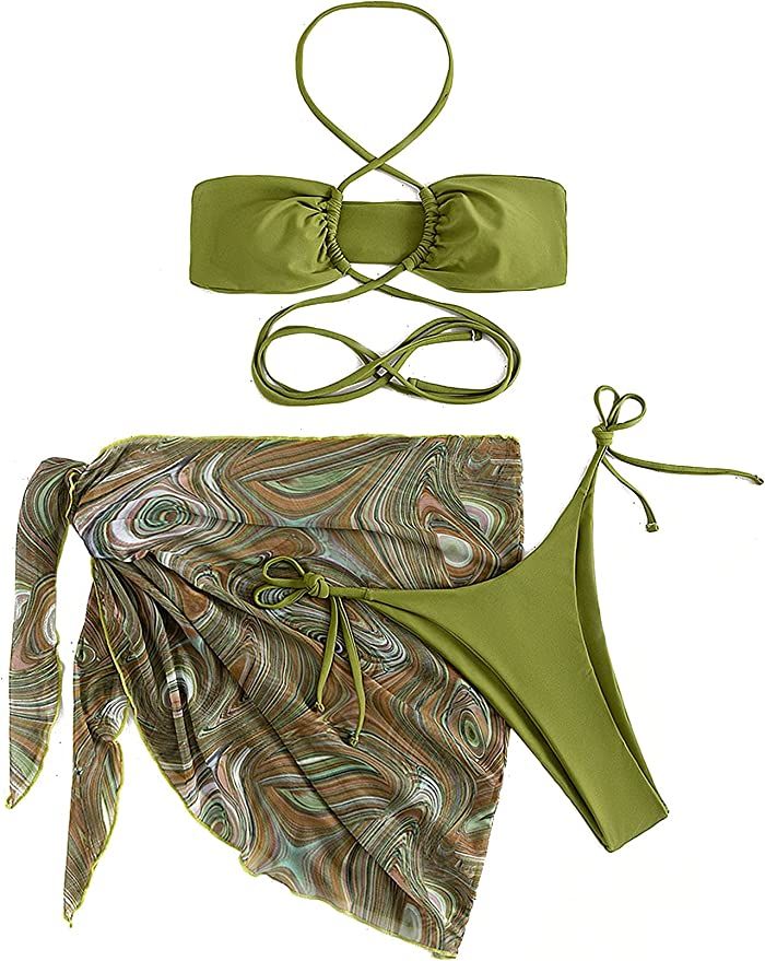 MakeMeChic Women's 3 Piece Halter Tie Side Bikini Set Swimsuit with Swim Beach Cover Up Skirt | Amazon (US)