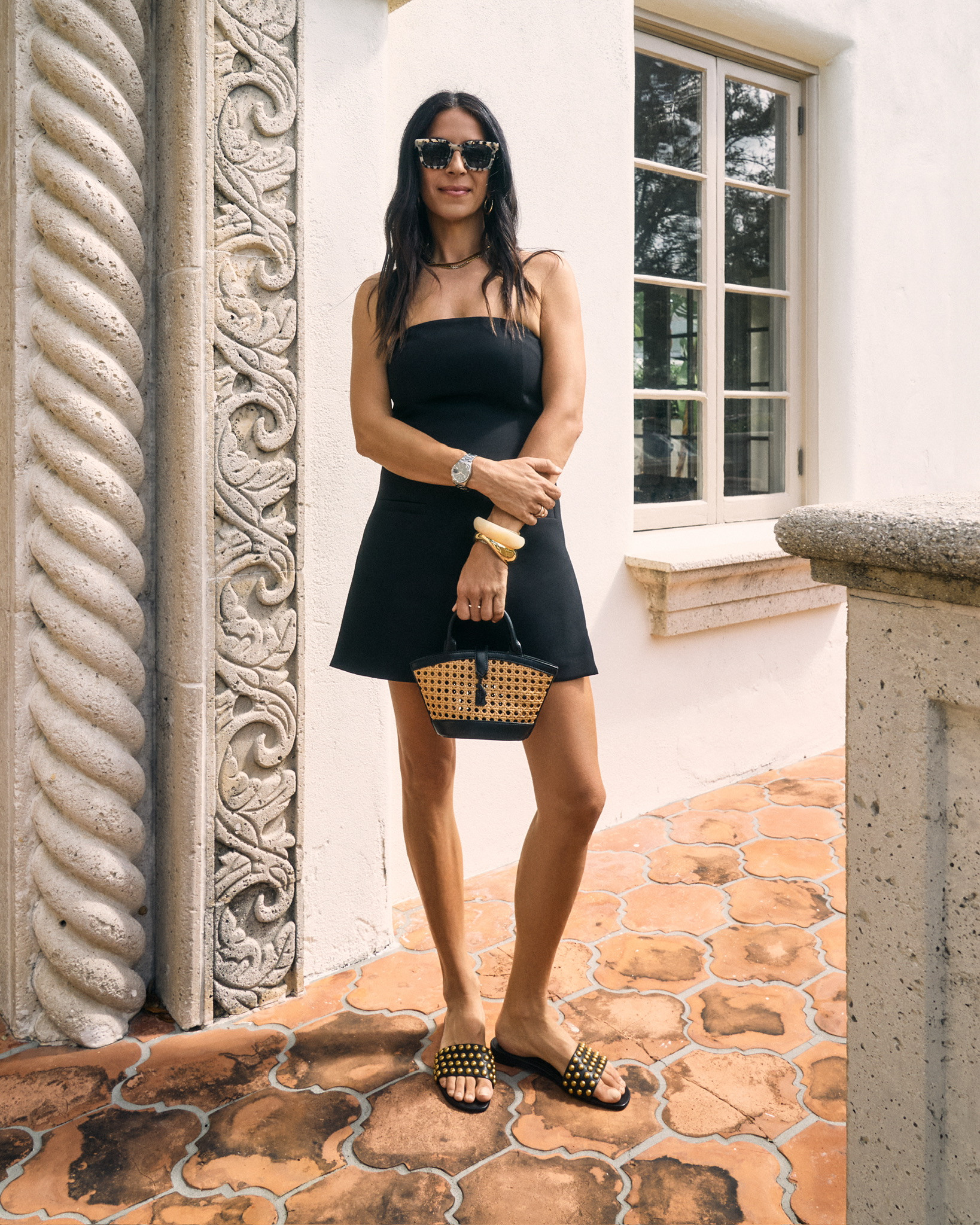 Summer nights made easy 🌊🖤 This black mini dress is your new warm-weather staple—paired with the cutest raffia mini bag and studded sandals for that perfect mix of sweet and edgy. 

 #LTKStyleTip #LTKShoeCrush #LTKItBag