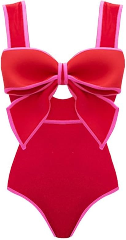 FLAXMAKER Bow Front Cut Out Color Block One Piece Swimsuit and Skirt | Amazon (US)