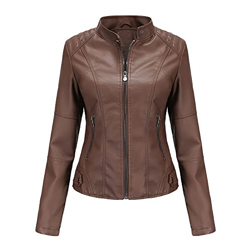 DEAR MODEL Faux Leather Jacket Women Bomber Jacket Women's Belted Motorcycle Jacket,Brown,XS | Amazon (US)
