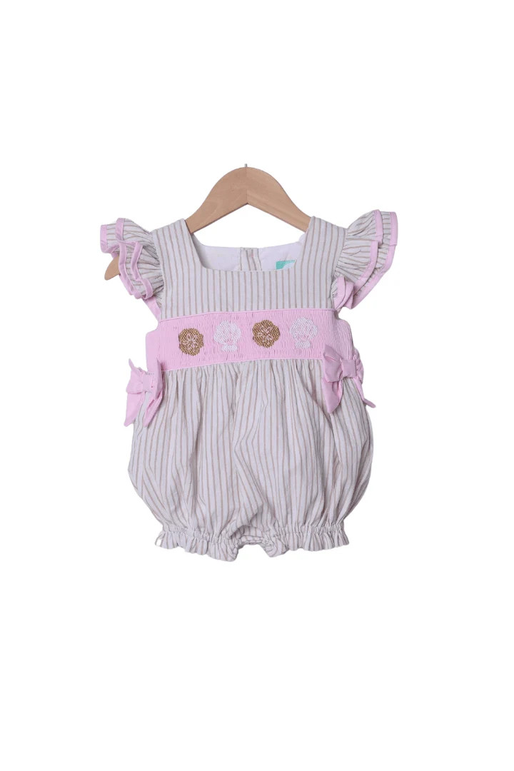 Smocked Sea Shells Pink/Khaki Stripe Bubble | The Smocked Flamingo
