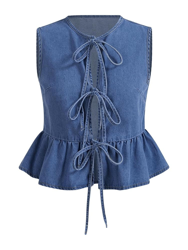 MakeMeChic Women's Plus Size Denim Vest Bowknot Crew Neck Sleeveless Ruffle Hem Y2K Jean Vest Jac... | Amazon (US)