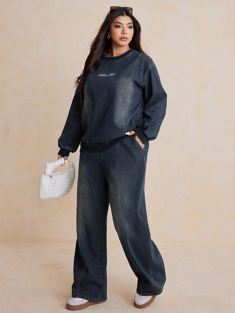 Dazy Plus 2pcs Plus Size Women Embroidered Letter Washed Dark Blue Denim Loose Long Sleeve Top An... | SHEIN