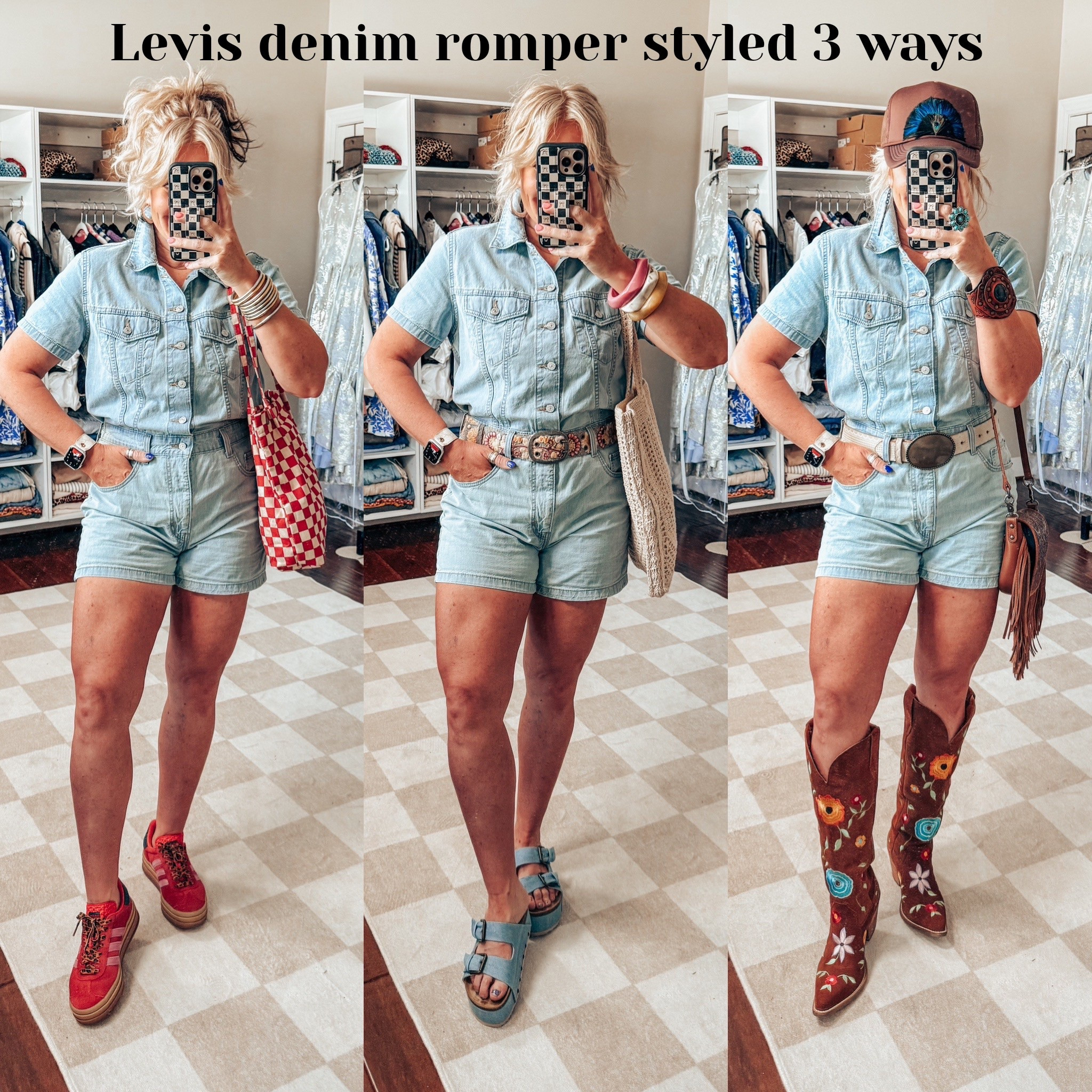 The Levi’s romper is so CUUTE! Love the fit and I’m wearing my true size. 
Adidas - size down 
Denim platform - true to size
Cowgirl Boots - true to size (save with code MANDIEMAULDIN)


#LTKStyleTip #LTKFestival #LTKOver40