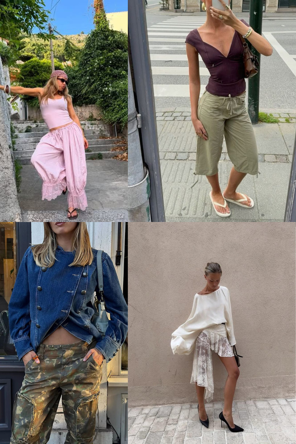 spring 2026 trends: military jackets, asymmetrical hems and necklines, drop waists, puff sleeves and billowy styles, bermuda shorts and capris  

 