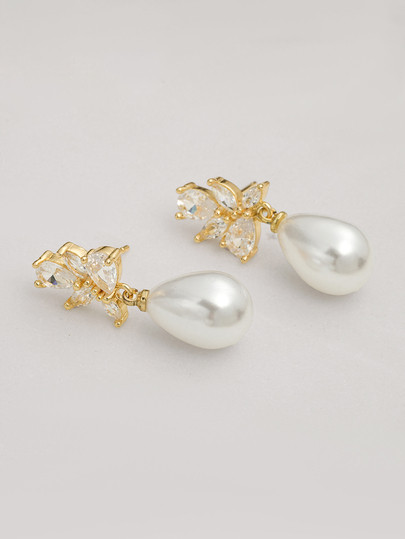 Clariva 1Pair Gorgeous Gold - Plated Pearl & Cubic Zirconia Drop Earrings - Ideal For Daily Wear,... | SHEIN