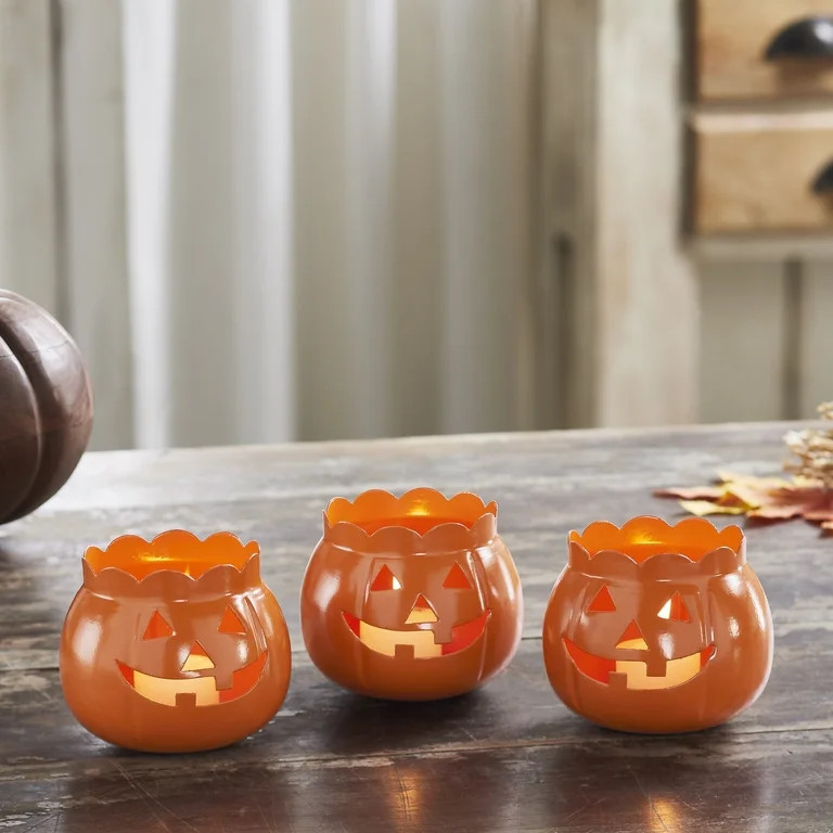 VHC Brands Jack-O-Lantern Candle Holder Orange Set of 3, Fall and Halloween Kitchen Dining Table ... | Walmart (US)