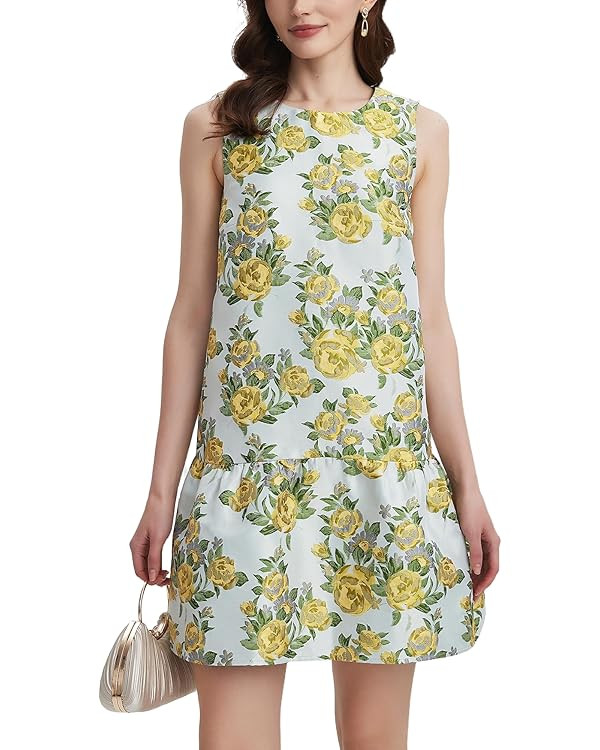 Women's Floral Jacquard Mini Dress Crewneck Sleeveless Open Back Ruffle Hem Cocktail Party Dress | Amazon (US)