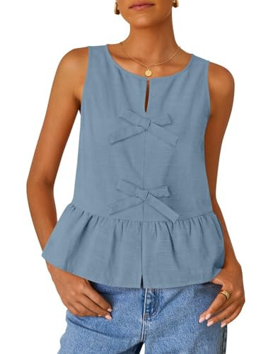 ZESICA Women's Summer Sleeveless Peplum Tank Tops 2026 Tie Front Crewneck Loose Flowy Ruffle Baby... | Amazon (US)