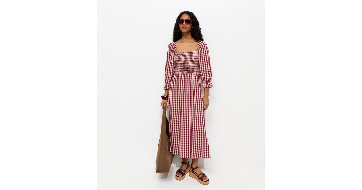 Pink Gingham Shirred Cropped Puff Sleeve Midi Dress | New Look | New Look (UK)