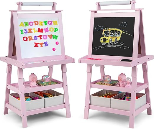 HONEY JOY Kids Art Easel, 3-in-1 Double-Sided Wooden Storage Toddler Easel w/Magnetic White Board... | Amazon (US)